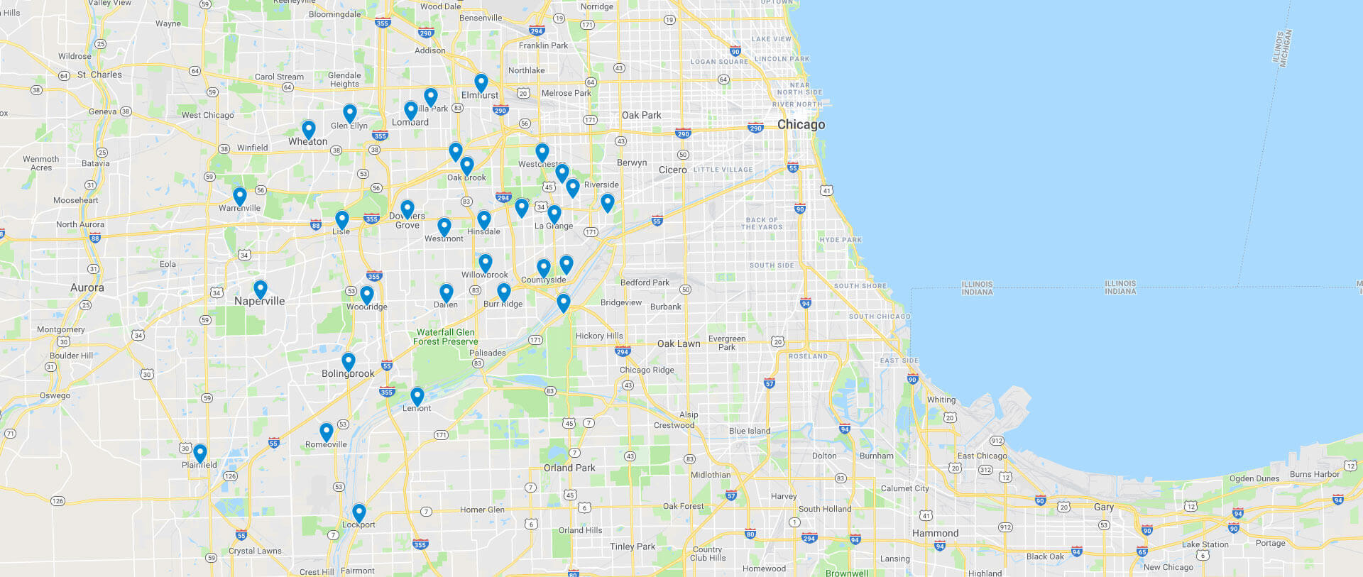 Map of the WeaveAire service area centered on Downers Grove, IL, spanning the western Chicago suburbs across DuPage and Will Counties.